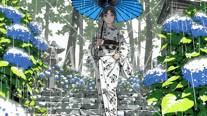 あじさいの小径を和服で歩く若い女性