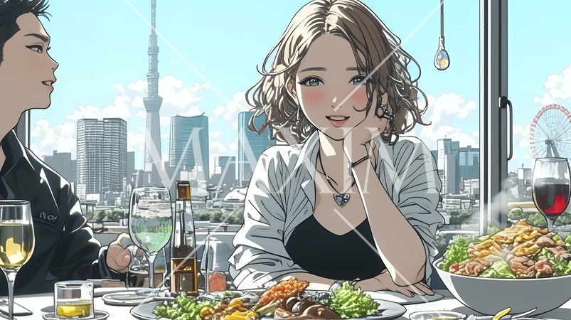 ちょっと高級なレストランで顧客とパワーランチをしているビジネスウーマン