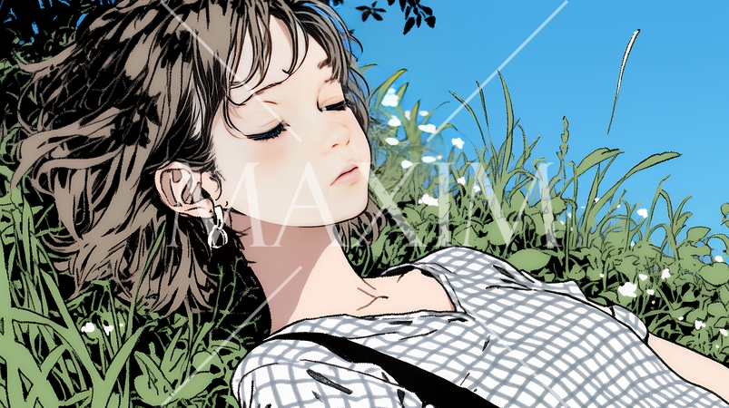 心地よさそうに地面に身を横たえる若い女性