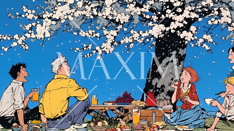 満開の桜の下で仲間たちと花見宴会