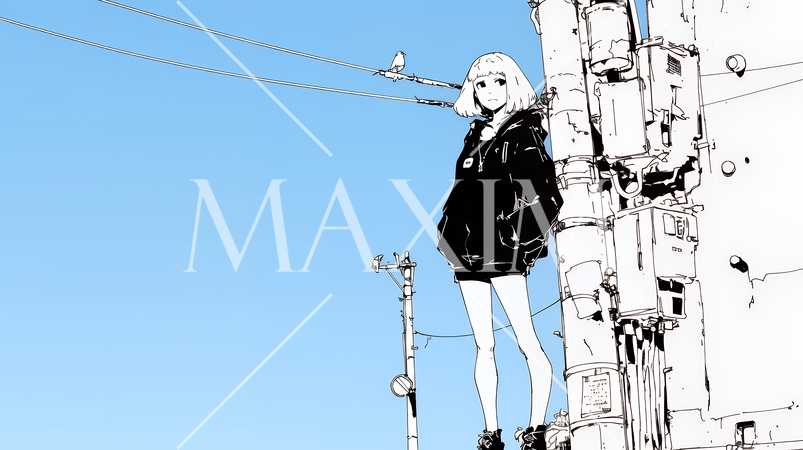 若い女性が佇む都市の街角（シンプルな色使い）