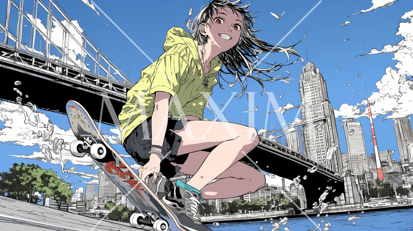 都心の公園でスケートボードを楽しむ若い女性