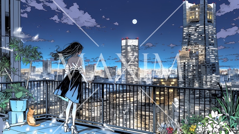 都市の夜景を眺めている女性