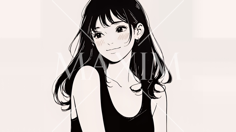 悲しげな目で微笑む（Smiling with sad eyes）若い女性（シンプルな色使い）