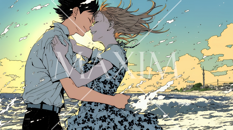 夕方の海辺でハグする（抱き合う）若い恋人たち