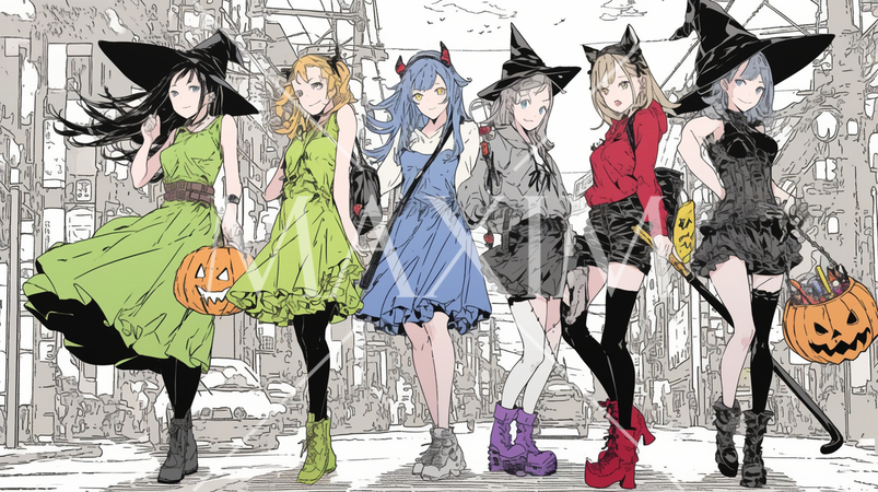 仲間とハロウィンイベントに参加する若い女性たち