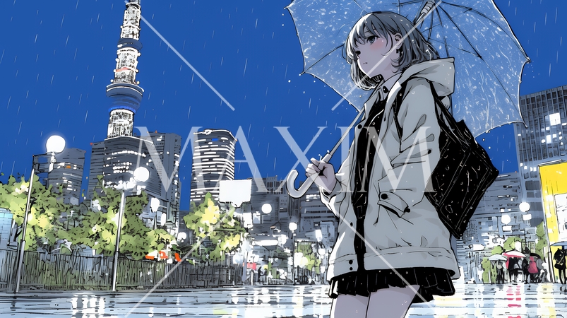 雨の中を歩く女性と都会のランドスケープ