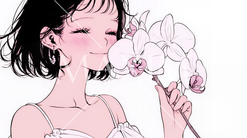 蘭の花と若い女性（シンプルな色使い）