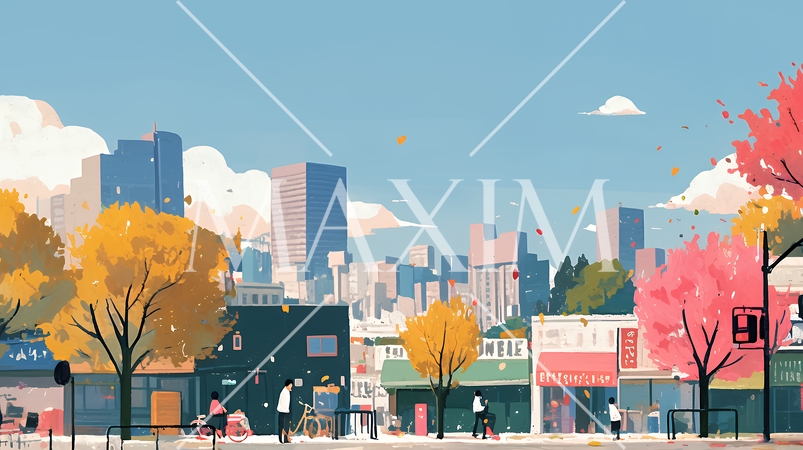 都市の町並みと青空（ポップでキュートな色使い）