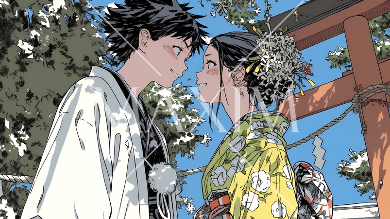 初詣をしている若い恋人カップル