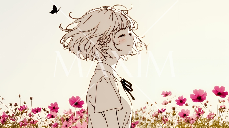 コスモス畑にいる若い女性（シンプルな色使い）