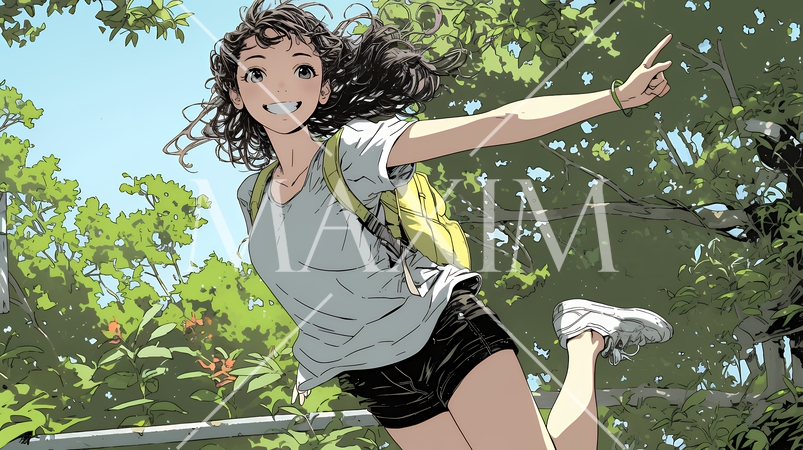 喜びにあふれ、軽やかにスキップする若い女性