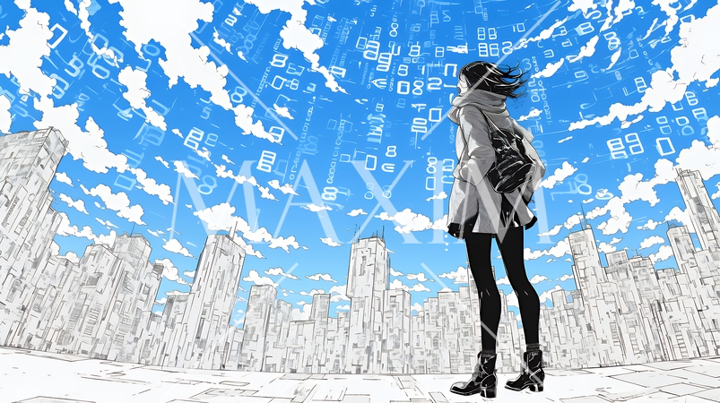 デジタルデータと日本人ビジネスウーマン｜AI・IT時代のテクノロジーイメージ（バイナリーコード）