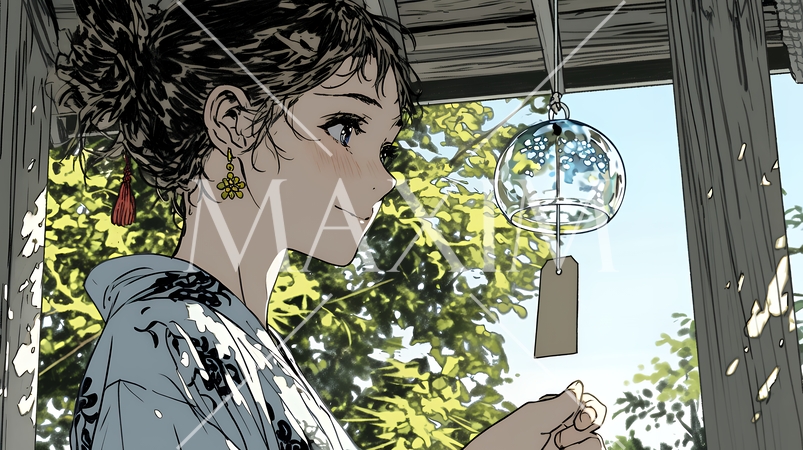 風鈴の音色を聞いている若い女性