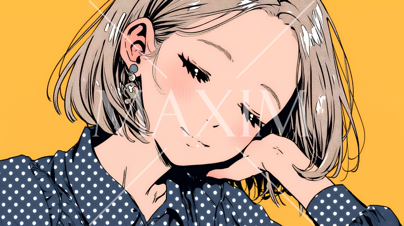 苦笑いをしている女性（気まずさ、困惑、自嘲、内なる葛藤を抱えて）