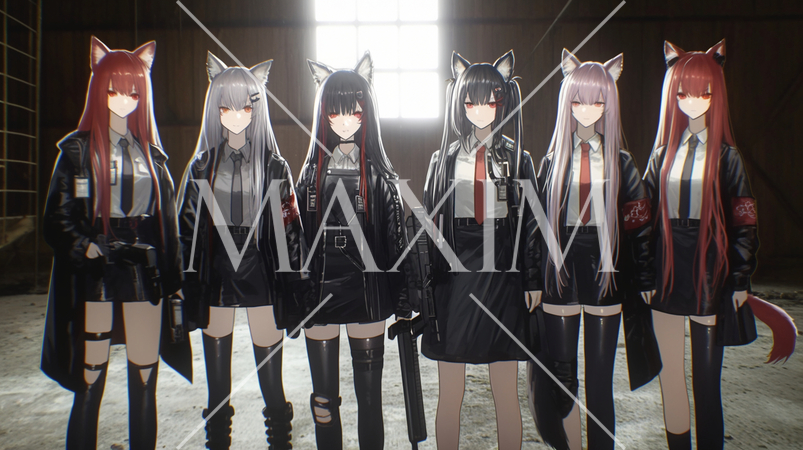 狐耳の自衛団：学校の制服を着てマシンが等の武器を持って集まっている女子高生