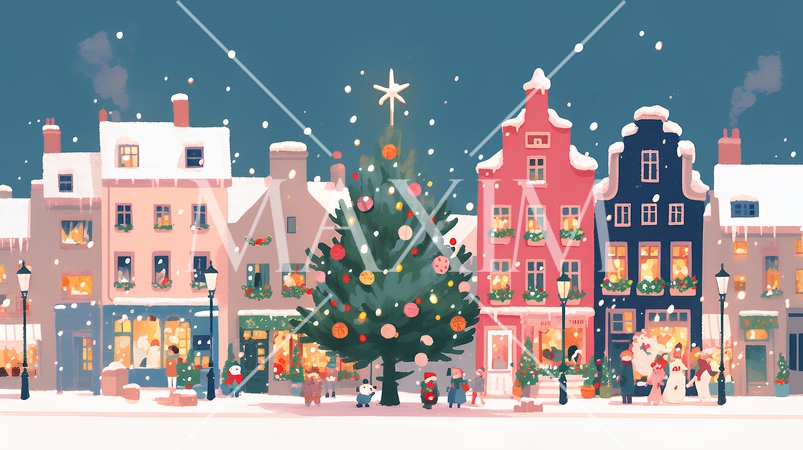 イルミネーションが彩るホワイトクリスマスの都会（ポップでキュートな表現）