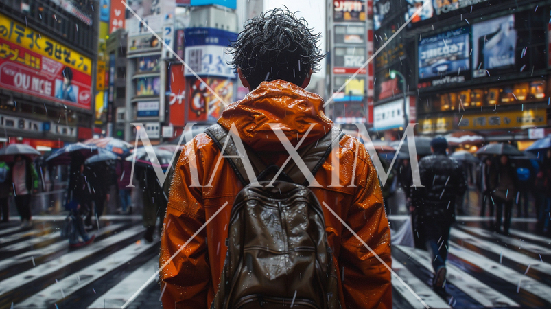 雨天の歩行者天国（スクランブル交差点）を歩く不審な男性の後ろ姿