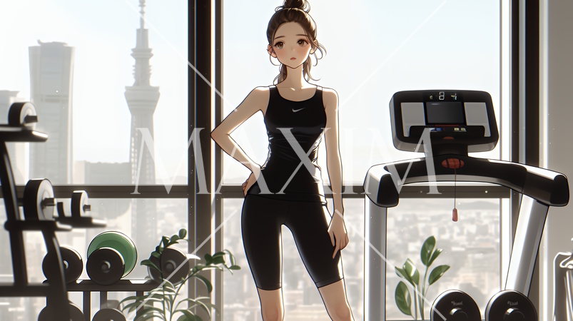 休日にジムで軽く運動する若い女性（シンプルな色使い）