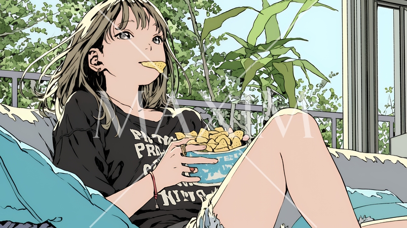 ポテトチップスをつまみながら、ひとりでビデオを観る若い女性