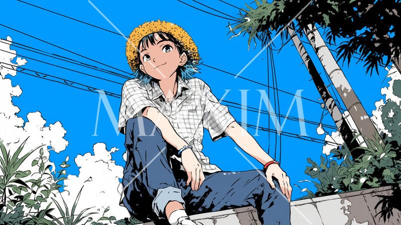 夏の青空の下、塀の上で考え事をしているボーイッシュな若い女性