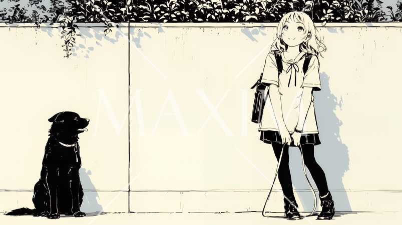 愛犬と散歩している若い女性（シンプルな色使い）