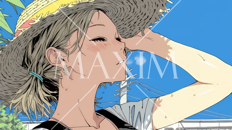 強烈な日差しでヘトヘト状態の女性（シンプルな色使い）