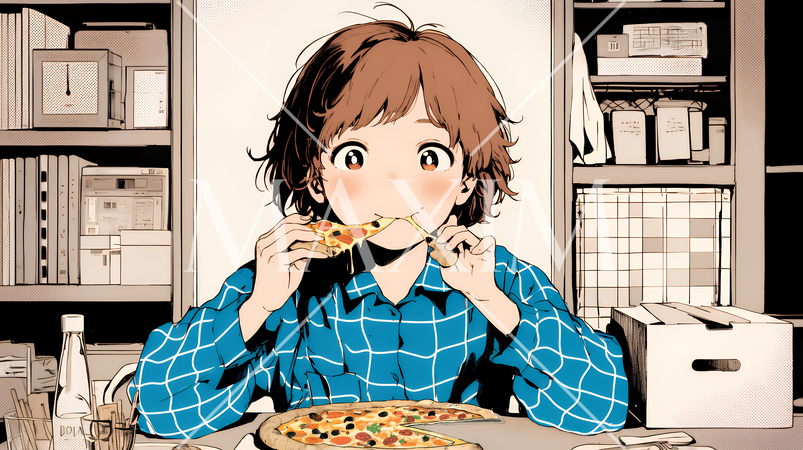 ピザを食べている若い女性