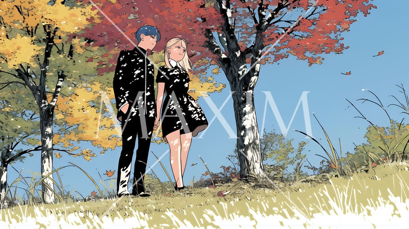 紅葉の秋の公園を歩く高校生カップル