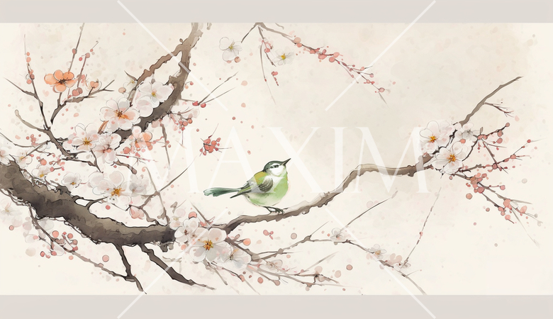 梅とウグイス：満開の梅花の枝にウグイスが留まっている