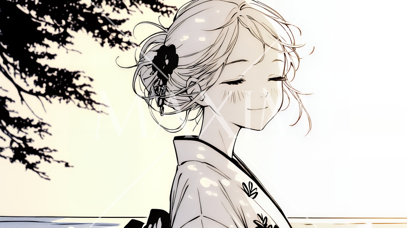 浴衣姿で夕涼みをしている若い女性（シンプルな色使い）