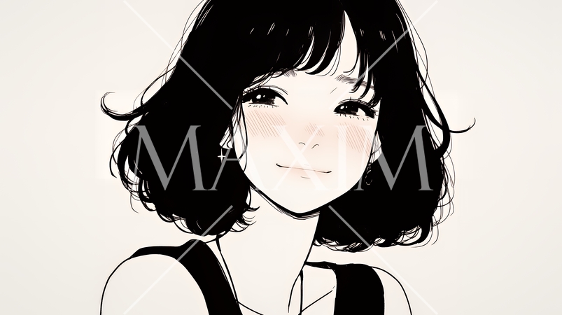 悲しげな目で微笑む（Smiling with sad eyes）若い女性（シンプルな色使い）