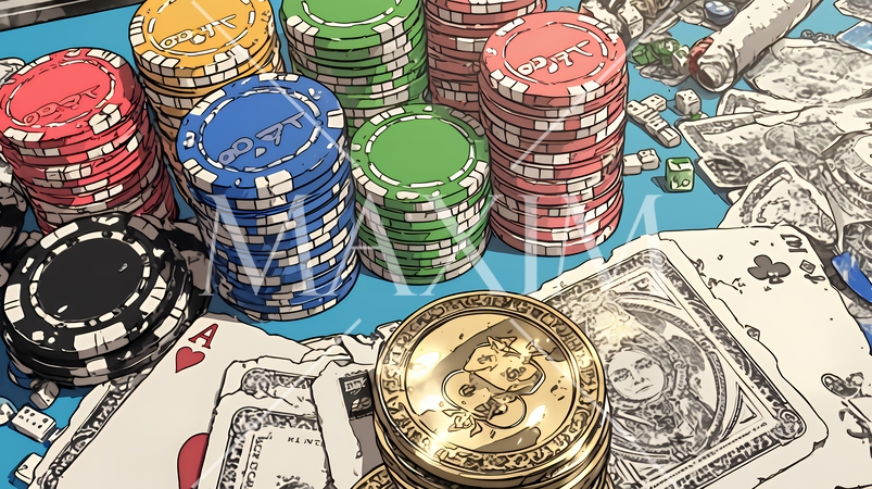 ギャンブル：チップとカードが散らばっているテーブル