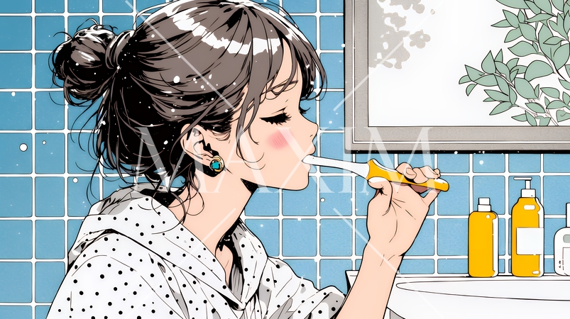 洗面所で朝の歯磨きをする若い女性