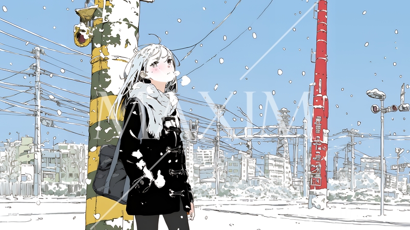 冬枯れの街を歩く若い女性