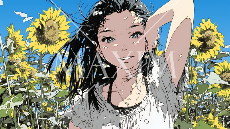 夏の晴天の日、ひまわりの畑を散策している黒髪の若い女性