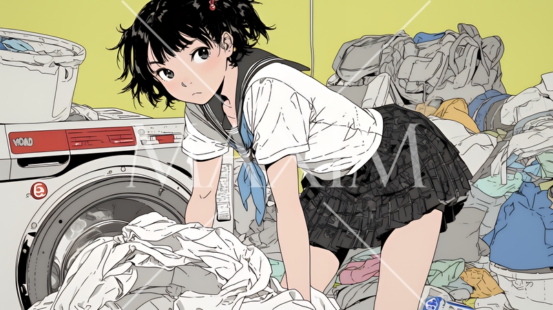 洗濯をしている若い女性