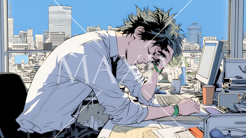 疲れ切った様子でオフィスデスクでため息をついているビジネスマン