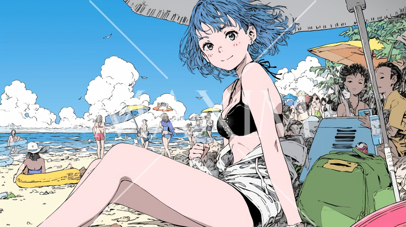 南国の海岸にビキニ姿でいる若い女性