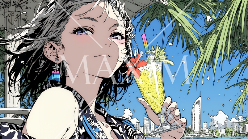 沖縄の海辺のリゾートホテルでリゾッチャしている若い女性