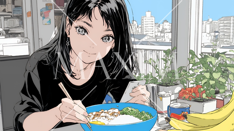 食事の最中もスマホを手放せない若い女性