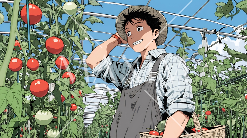 ビニールハウスでトマトの収穫をする農家の人