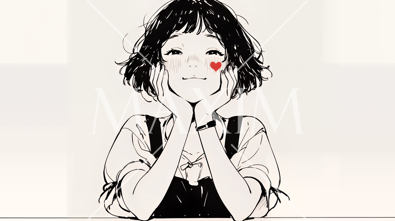 ハートマークを手で作り愛情表現をしている若い女性（シンプルな色使い）