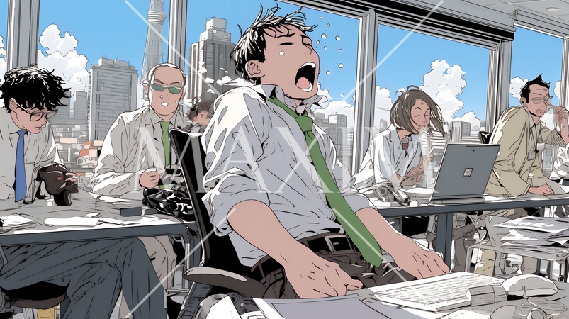 仕事中にあくびをしている若い男性