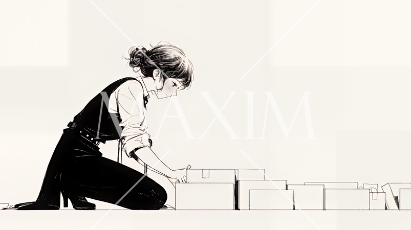 引っ越しの荷造り・荷解きをしている若い女性（シンプルな色使い）