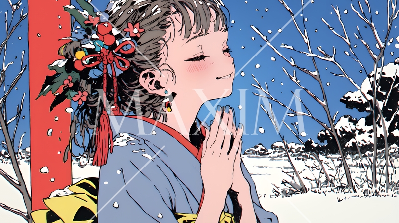 和服を着て初詣をしている若い女性