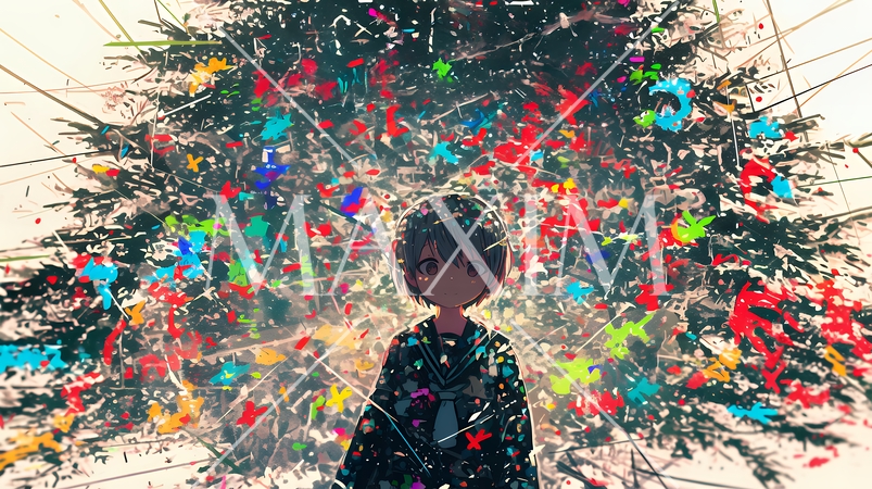 クリスマスツリーのイルミネーションの前に立つ女子高生