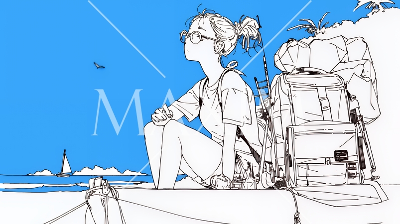 一人旅の若い女性と夏のビーチの風景（シンプルな色使い）