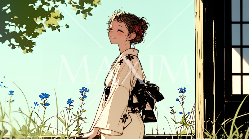 浴衣姿で夕涼みをしている若い女性（シンプルな色使い）