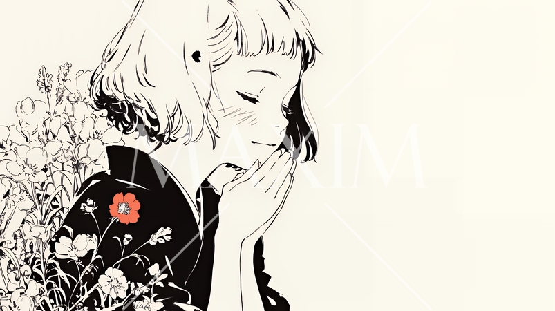 手を合わせてお祈りをしている和服姿の若い女性（シンプルな色使い）